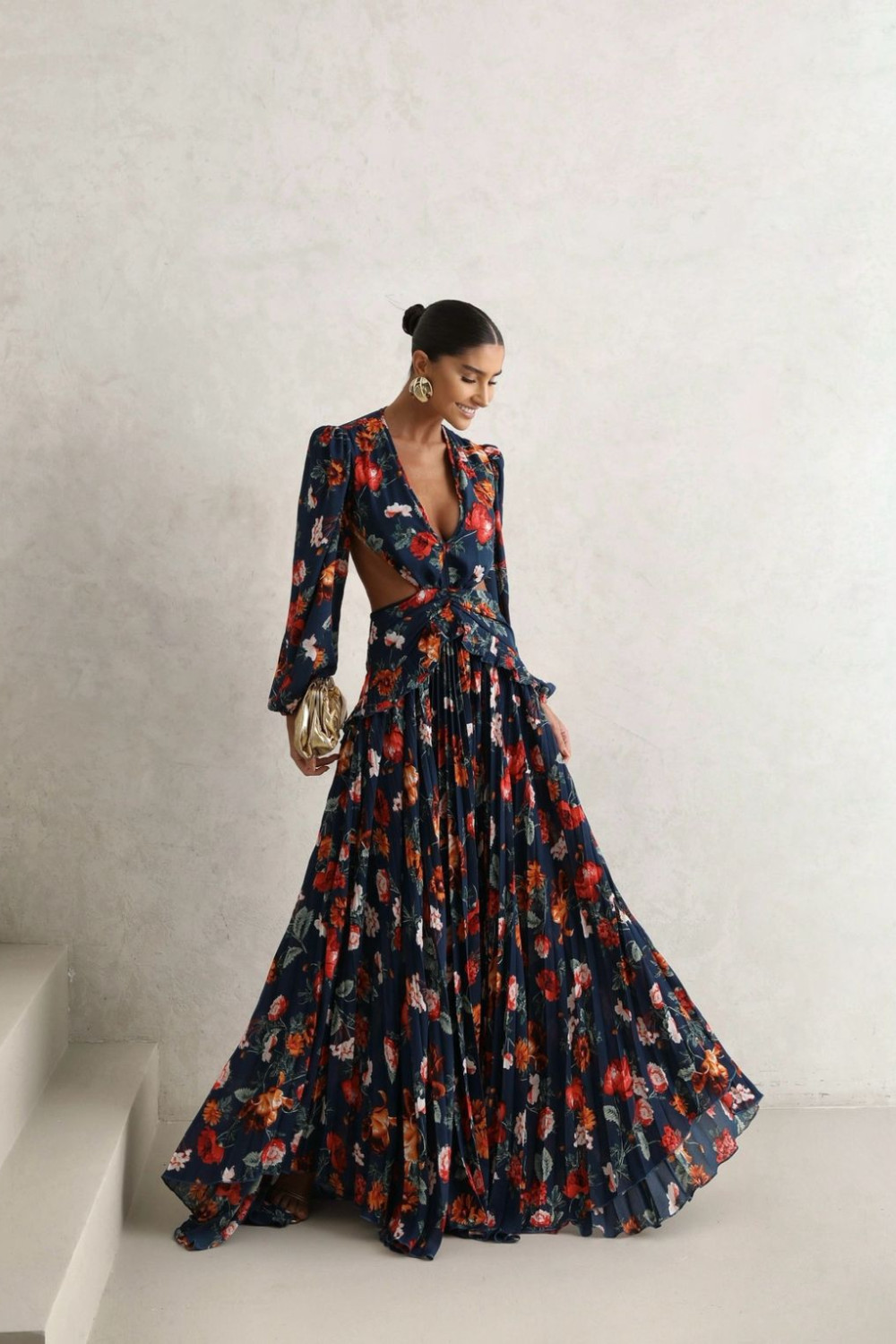 VESTIDO LONGO TRANCOSO ESTAMAPADO FLOWERS - AZUL MARINHO