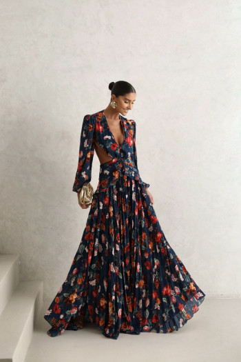 VESTIDO LONGO TRANCOSO ESTAMAPADO FLOWERS - AZUL MARINHO