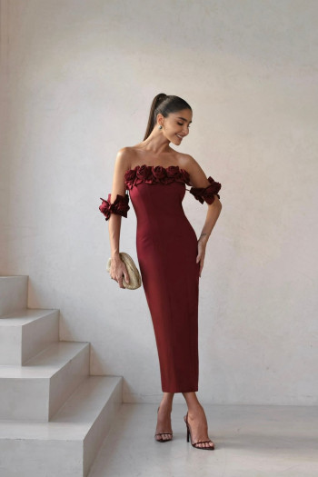 VESTIDO INGLATERRA MIDI DETALHE FLORES - MARSALA