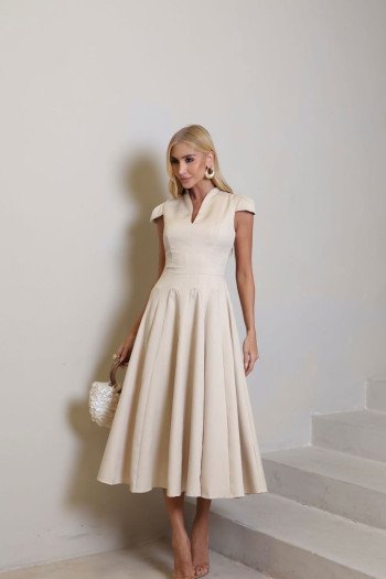 VESTIDO MIDI ADRIANA DETALHE GOLA - AREIA