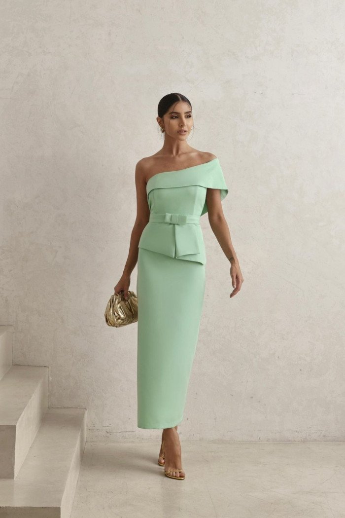 VESTIDO ESPANHA LONGUETE UM OMBRO COM CINTO - VERDE MENTA