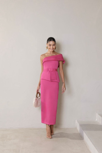 VESTIDO ESPANHA LONGUETE UM OMBRO COM CINTO - PINK