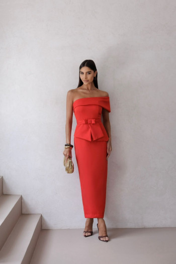 VESTIDO ESPANHA LONGUETE UM OMBRO COM CINTO - VERMELHO