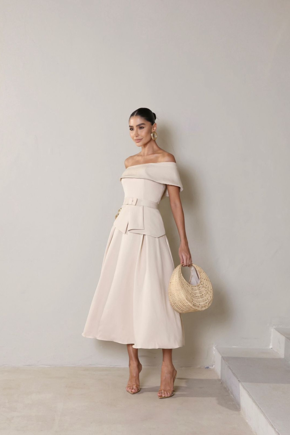 VESTIDO LARA MIDI COM CINTO - BEGE