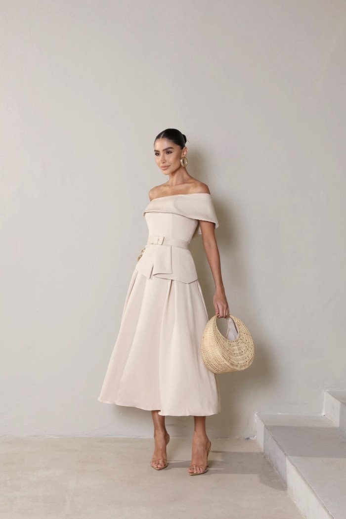 VESTIDO LARA MIDI COM CINTO - BEGE