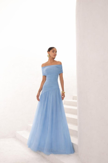 VESTIDO DE FESTA ALICE MICROTULE COM CAPA - AZUL TIFFANY