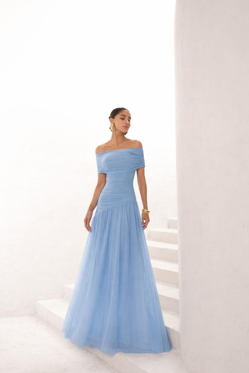 VESTIDO DE FESTA ALICE MICROTULE COM CAPA - AZUL TIFFANY