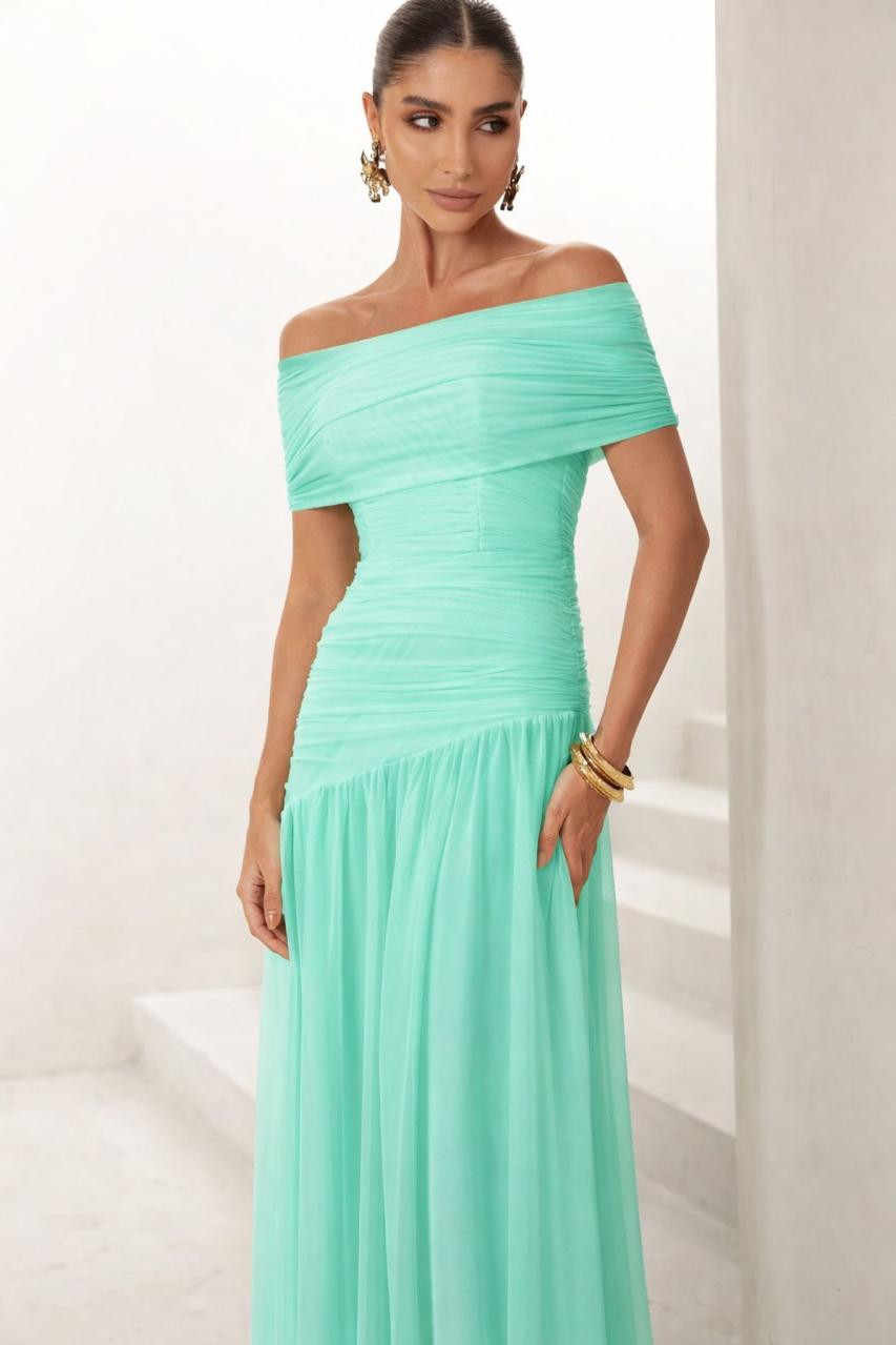 VESTIDO DE FESTA ALICE MICROTULE COM CAPA - VERDE TIFFANY