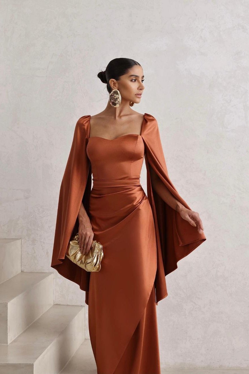 VESTIDO DE FESTA AURA SAIA TRANSPASSADA - TERRACOTA