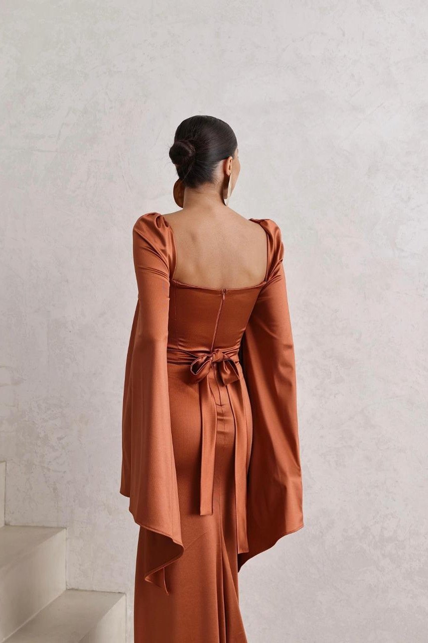 VESTIDO DE FESTA AURA SAIA TRANSPASSADA - TERRACOTA