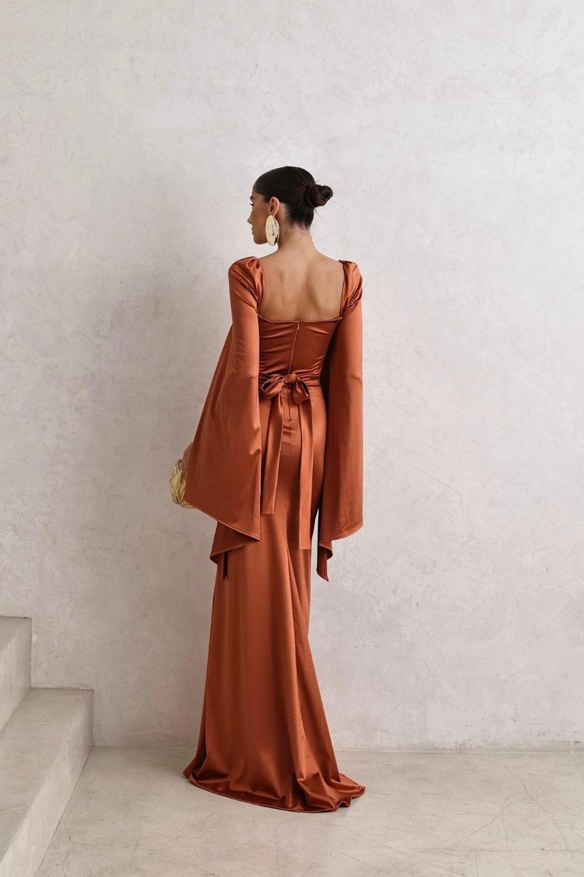 VESTIDO DE FESTA AURA SAIA TRANSPASSADA - TERRACOTA