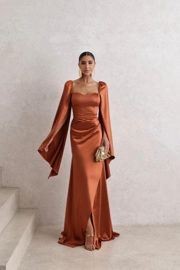 VESTIDO DE FESTA AURA SAIA TRANSPASSADA - TERRACOTA