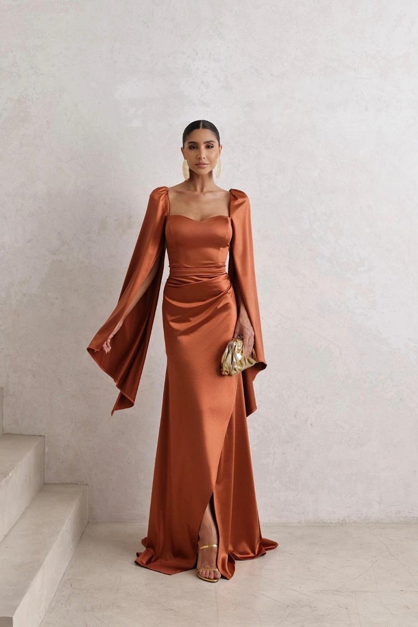 VESTIDO DE FESTA AURA SAIA TRANSPASSADA - TERRACOTA