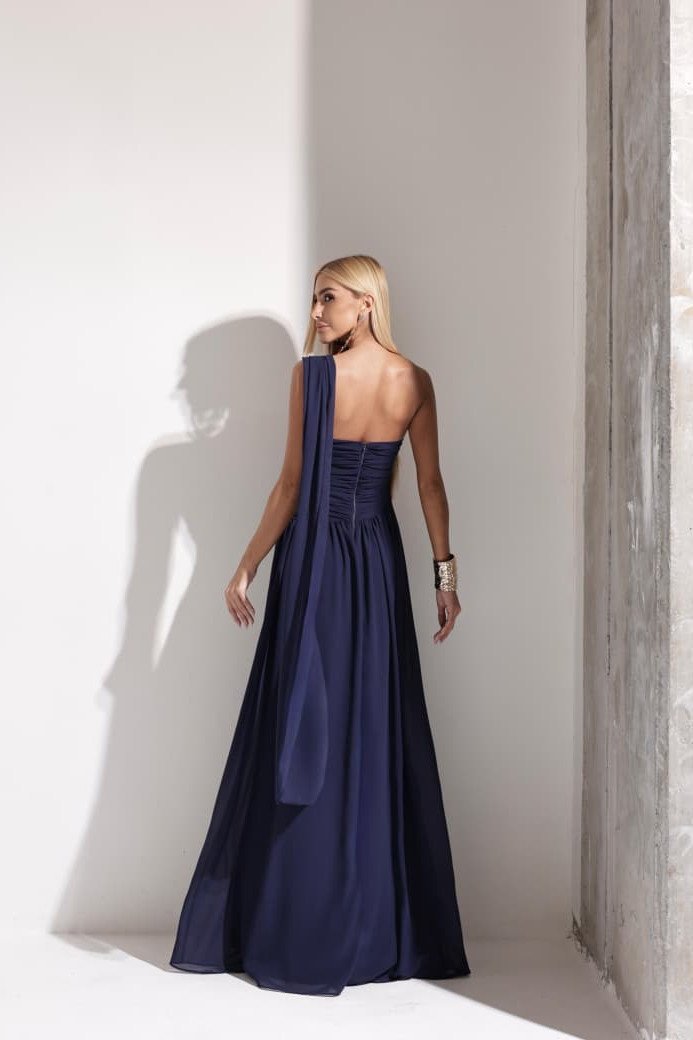 VESTIDO DE FESTA CECÍLIA CHIFFON CAPA OMBRO - AZUL MARINHO