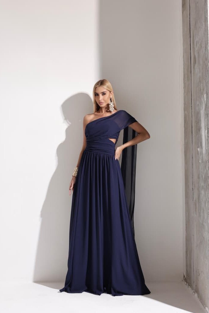 VESTIDO DE FESTA CECÍLIA CHIFFON CAPA OMBRO - AZUL MARINHO