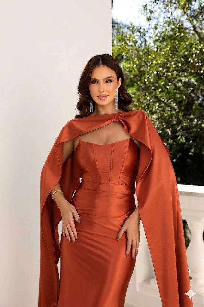 VESTIDO DE FESTA CHILE COM CAPA REMOVÍVEL - TERRACOTA