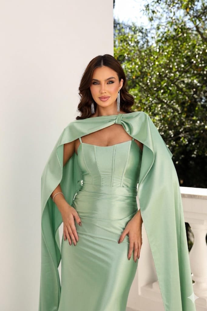 VESTIDO DE FESTA CHILE COM CAPA REMOVÍVEL - VERDE MENTA