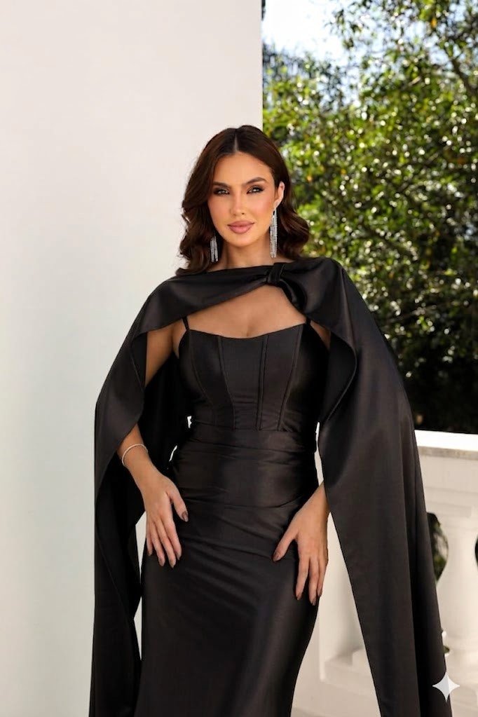 VESTIDO DE FESTA CHILE COM CAPA REMOVÍVEL - PRETO