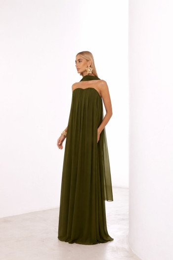 VESTIDO LONGO FIORELLA FAIXA CHOKER - VERDE OLIVA