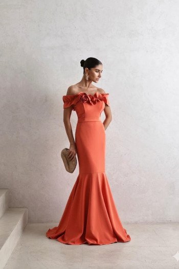 VESTIDO DE FESTA FRANÇA OMBRO A OMBRO - CORAL