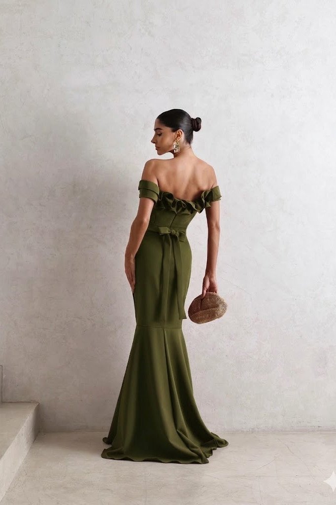 VESTIDO DE FESTA FRANÇA OMBRO A OMBRO - VERDE OLIVA