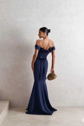 VESTIDO DE FESTA FRANÇA OMBRO A OMBRO - AZUL MARINHO