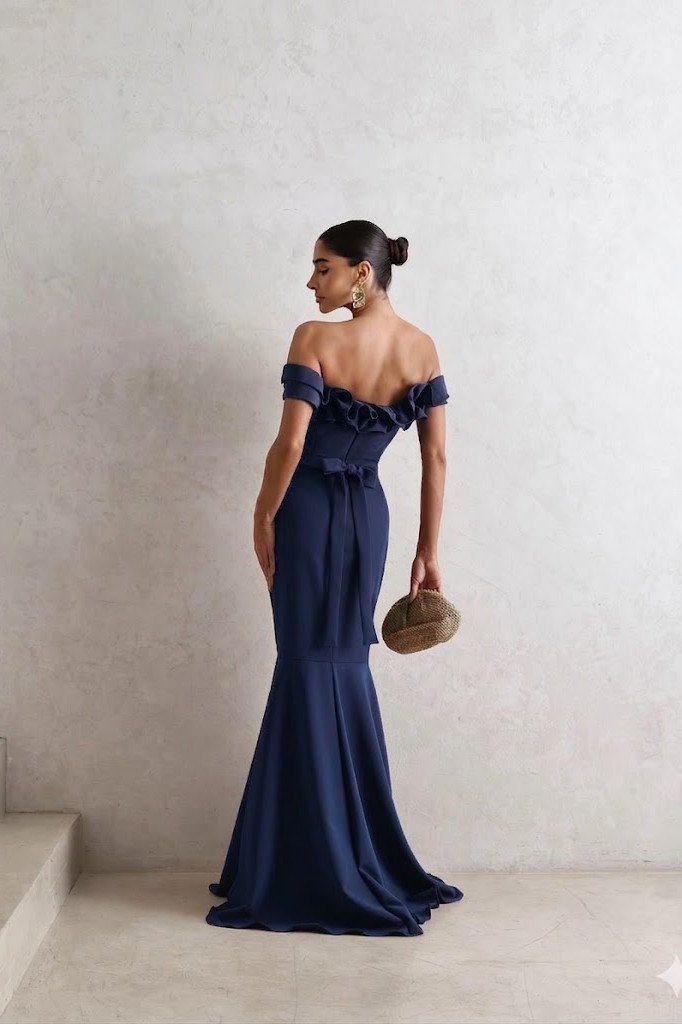 VESTIDO DE FESTA FRANÇA OMBRO A OMBRO - AZUL MARINHO