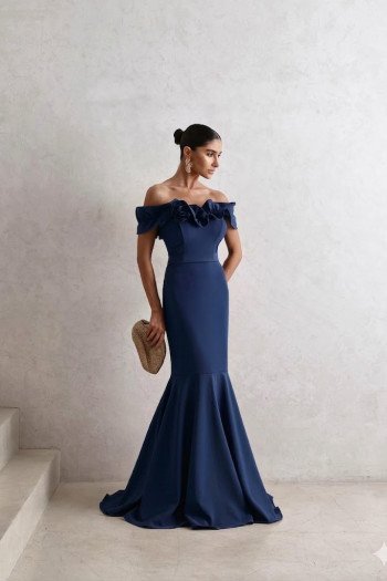 VESTIDO DE FESTA FRANÇA OMBRO A OMBRO - AZUL MARINHO