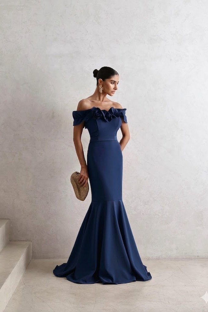 VESTIDO DE FESTA FRANÇA OMBRO A OMBRO - AZUL MARINHO