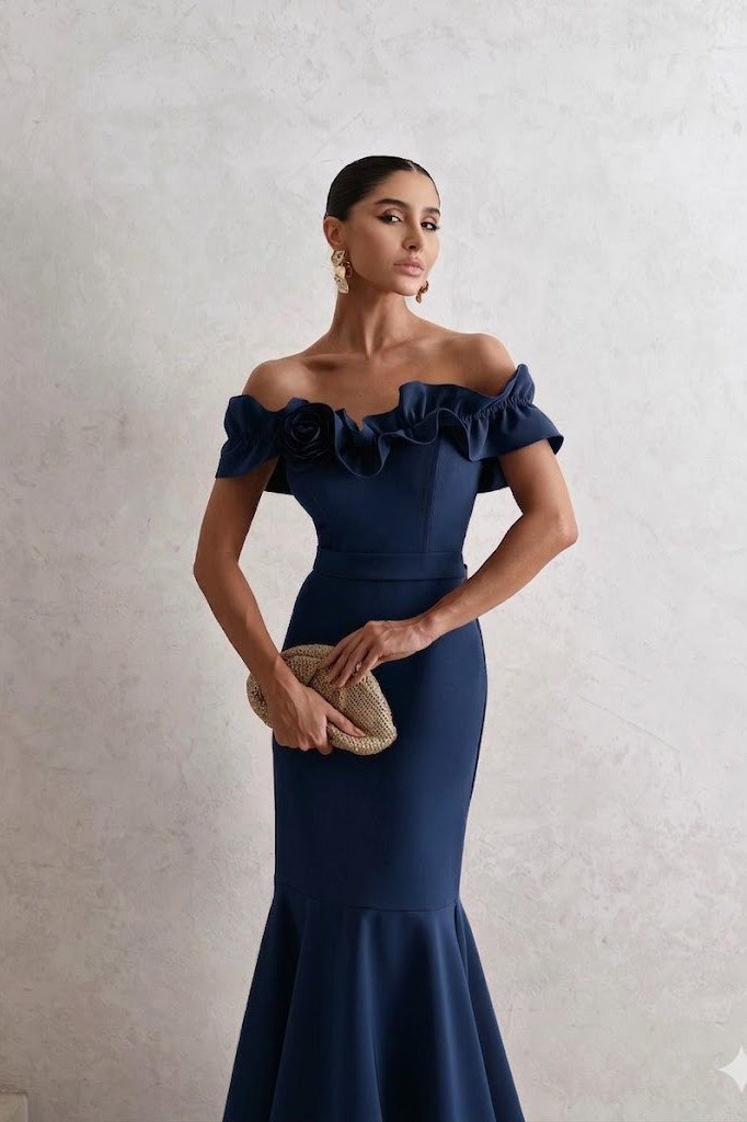 VESTIDO DE FESTA FRANÇA OMBRO A OMBRO - AZUL MARINHO