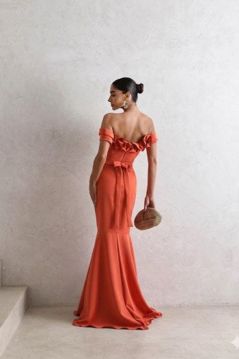 VESTIDO DE FESTA FRANÇA OMBRO A OMBRO - CORAL