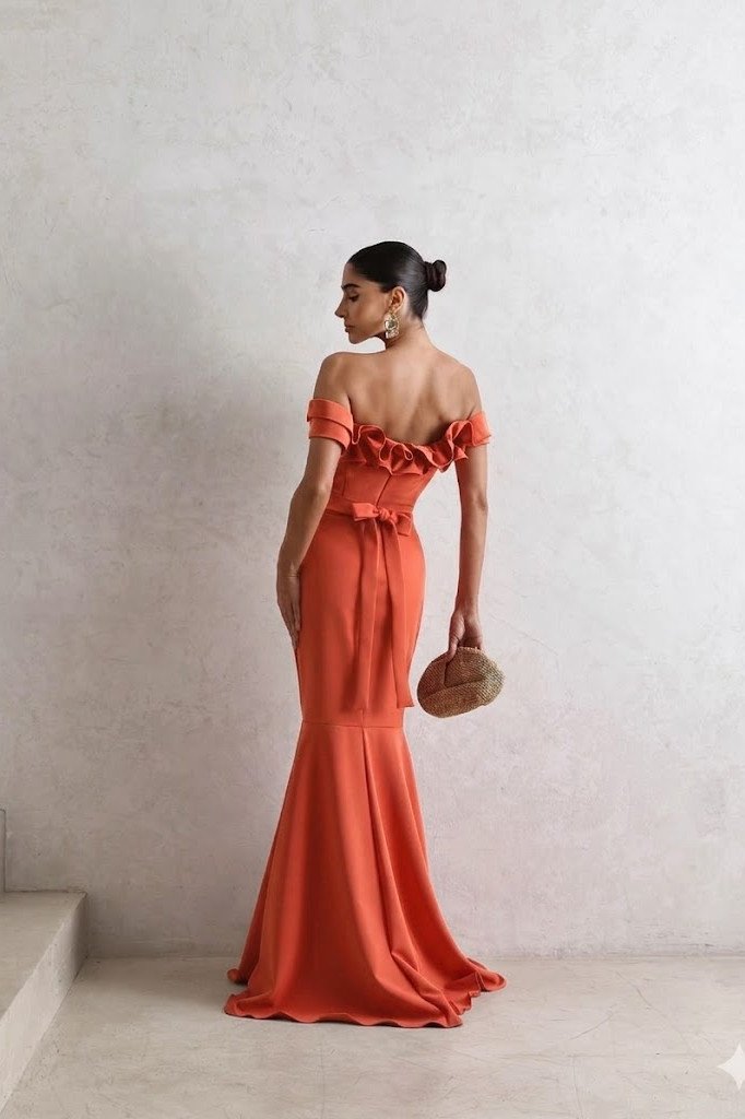 VESTIDO DE FESTA FRANÇA OMBRO A OMBRO - CORAL