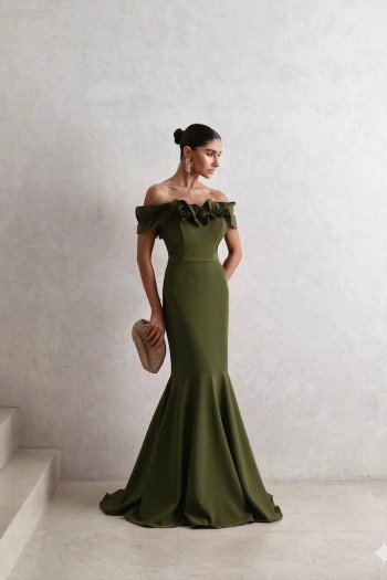 VESTIDO DE FESTA FRANÇA OMBRO A OMBRO - VERDE OLIVA