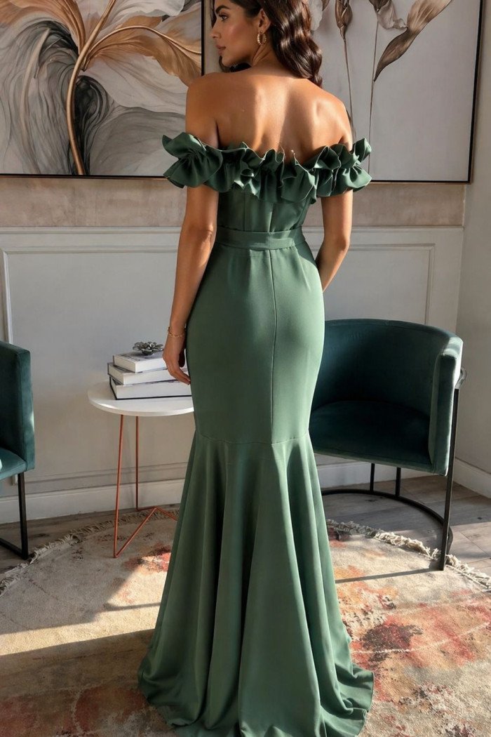 VESTIDO DE FESTA FRANÇA OMBRO A OMBRO - VERDE OLIVA