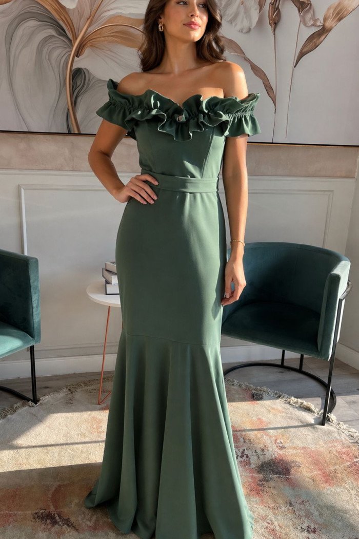 VESTIDO DE FESTA FRANÇA OMBRO A OMBRO - VERDE OLIVA
