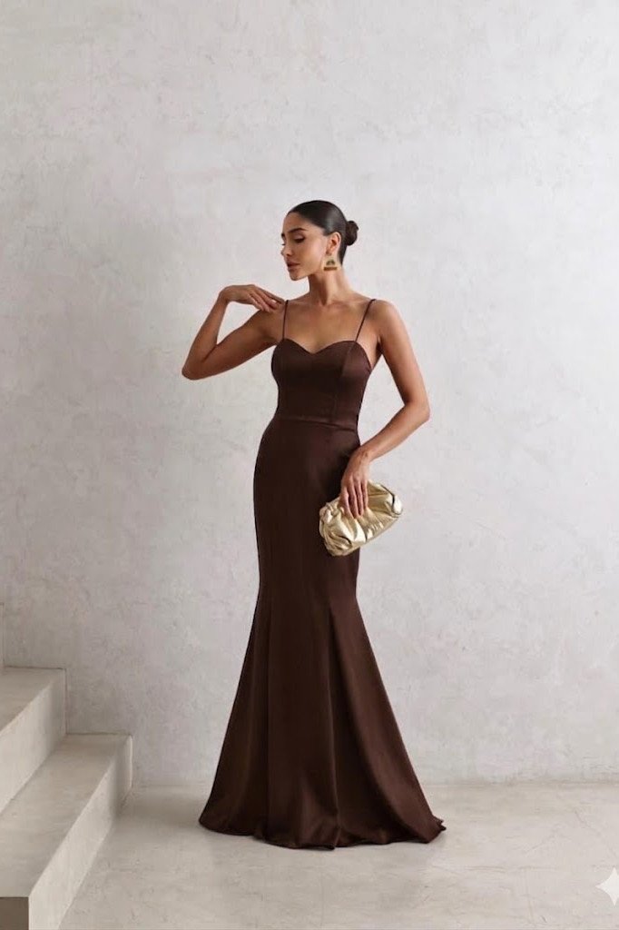 VESTIDO DE FESTA LONGO INGLATERRA FLOWERS - MARROM