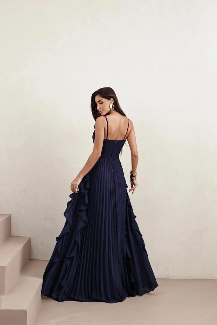 VESTIDO LONGO LIVIA PLISSADO - AZUL MARINHO