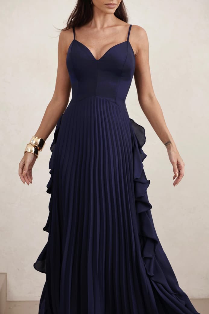 VESTIDO LONGO LIVIA PLISSADO - AZUL MARINHO
