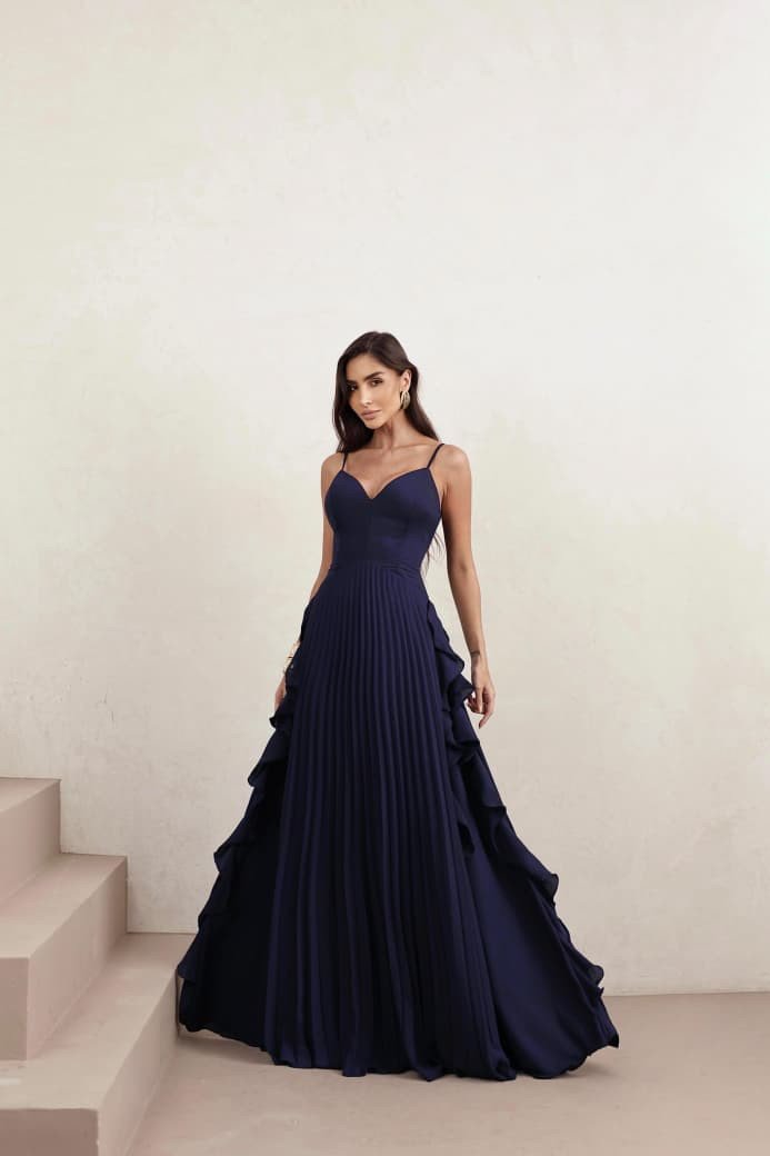 VESTIDO LONGO LIVIA PLISSADO - AZUL MARINHO