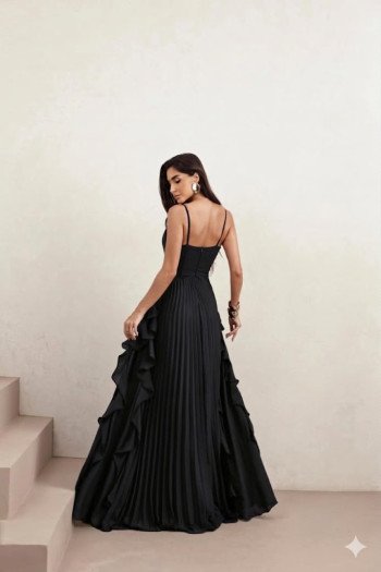 VESTIDO LONGO LIVIA PLISSADO - PRETO