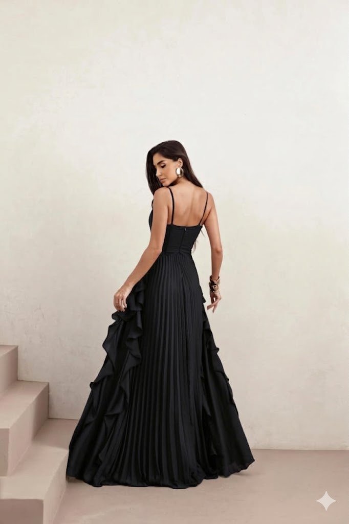 VESTIDO LONGO LIVIA PLISSADO - PRETO