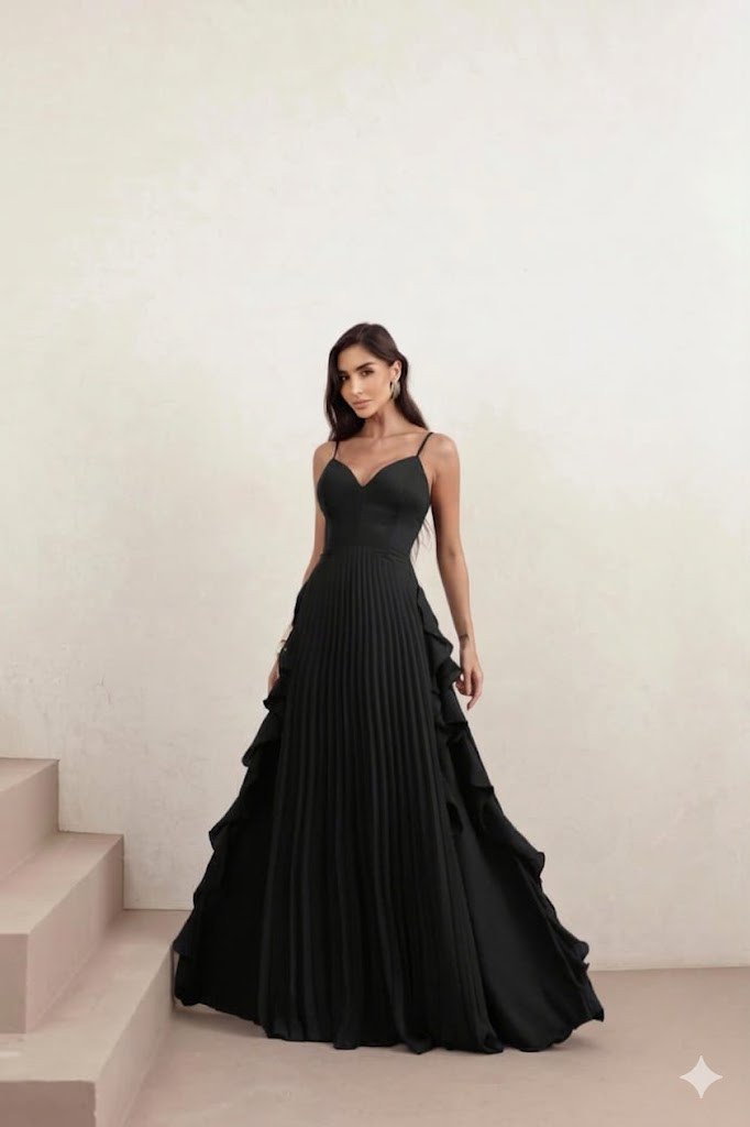 VESTIDO LONGO LIVIA PLISSADO - PRETO
