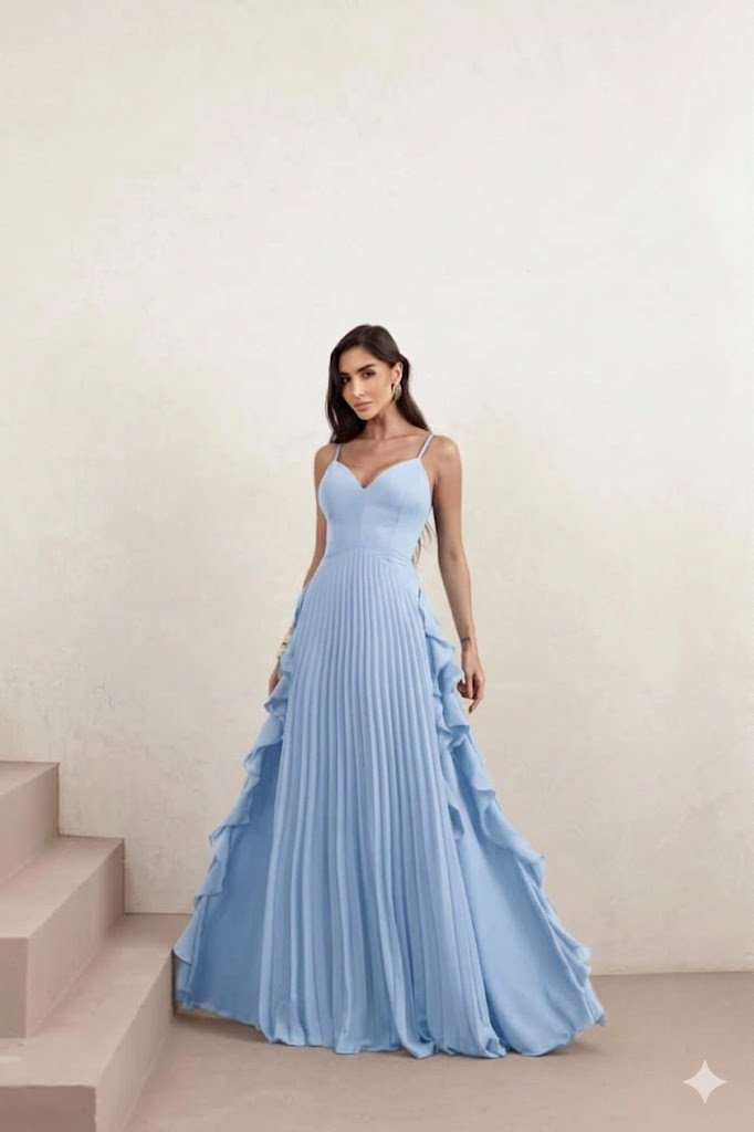 VESTIDO LONGO LIVIA PLISSADO - AZUL SERENITY