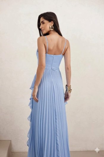 VESTIDO LONGO LIVIA PLISSADO - AZUL SERENITY