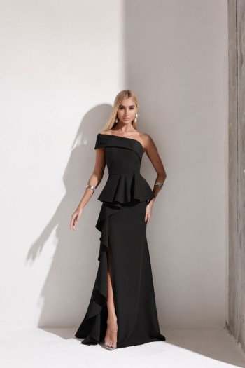 VESTIDO DE FESTA LORENA BABADOS UM OMBRO - PRETO