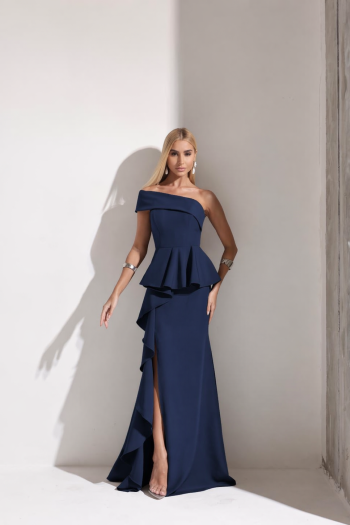 VESTIDO DE FESTA LORENA BABADOS UM OMBRO - AZUL MARINHO