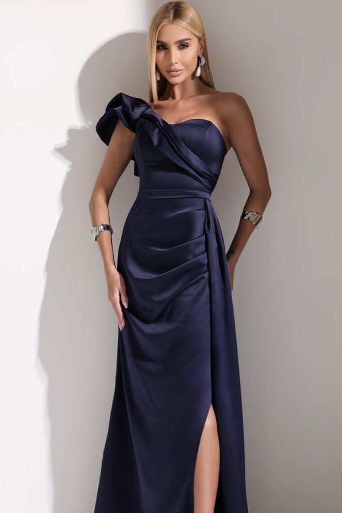 VESTIDO DE FESTA LUCY CREPE ACETINADO UM OMBRO - AZUL MARINHO