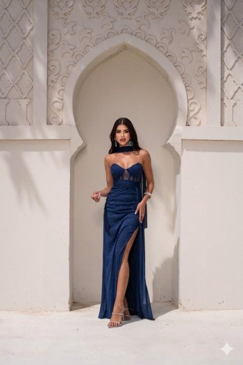 VESTIDO DE FESTA LUNA TULE LUREX CHOKER - AZUL MARINHO