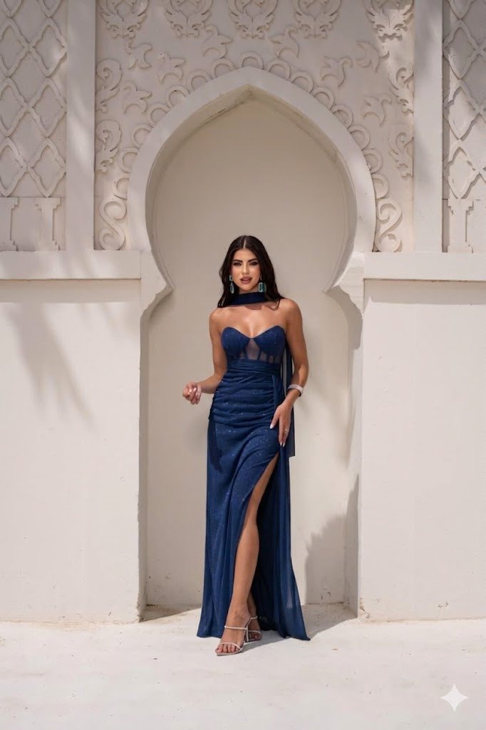 VESTIDO DE FESTA LUNA TULE LUREX CHOKER - AZUL MARINHO