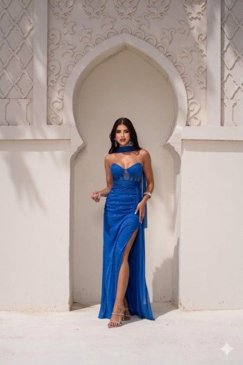 VESTIDO DE FESTA LUNA TULE LUREX CHOKER - AZUL ROYAL